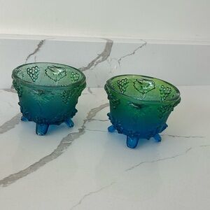 Vintage Green & Blue Glass Footed Bowls | Grape Pattern | Set of 2